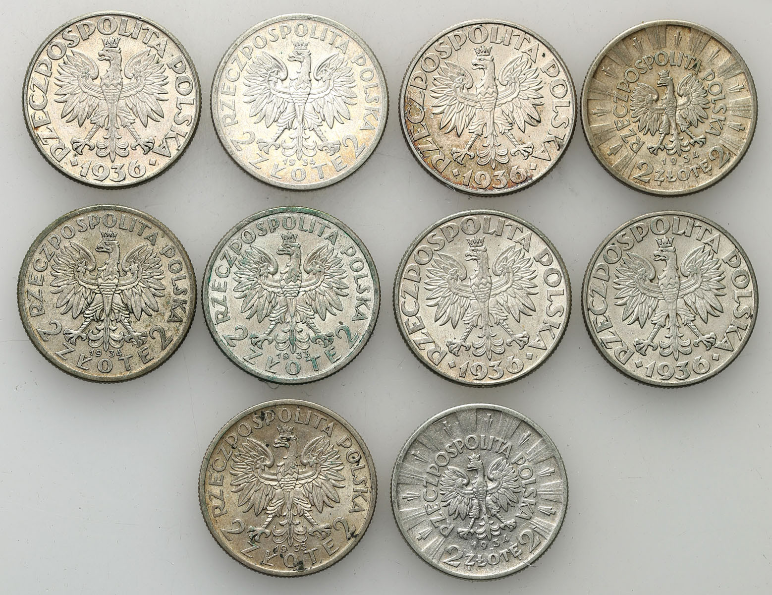 II RP. 2 złote Piłsudski 1934, głowa kobiety 1933 + 1934, żaglowiec 1936, zestaw 10 monet